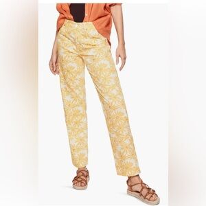 Mango Woman’s Trendy Boho 100% Cotton Yellow and White Floral Straight Leg Jeans